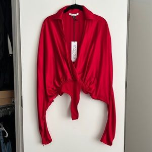 LaQuan Smith red silk bodysuit